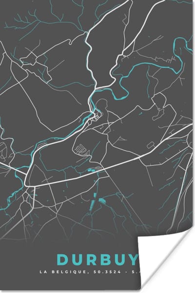 Poster Kaart – Plattegrond – Stadskaart – Durbuy – België - Grijs - 120x180 cm XXL