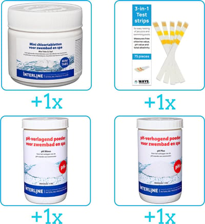 Zwembad Onderhoudspakket - Onderhoud Zwembad - bevat Chloor - Testrips - PH-min en PH-plus (4-delig)