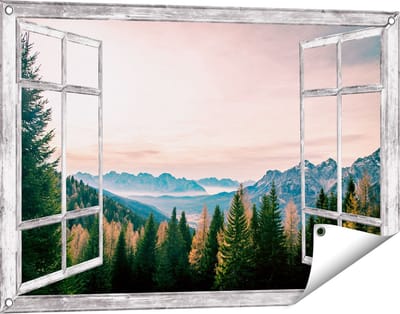 Gards Tuinposter Doorkijk Bos met Bomen bij Bergen Landschap - 90x60 cm - Tuindoek - Tuindecoratie - Wanddecoratie buiten - Tuinschilderij