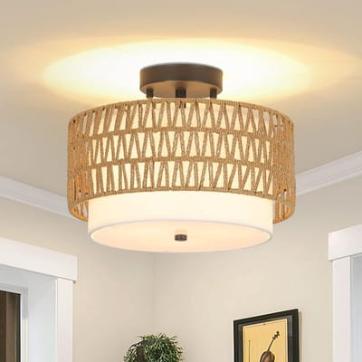 Vintage Boho Plafondlamp met Rotan en Linnen - Semi-Inbouw en Rustieke Stijl voor Woonkamer, Slaapkamer, Keuken, en Eettafel