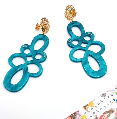 Jeannette-Creatief® - Resin - Resin Swirl Petrol Bleu Diamond - Resin Oorbellen - Oorbellen met strass steentjes - Dames Oorbellen - Petrol - Petrolbleu - RVS Bloem Oorstekers Goud