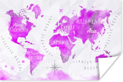 Poster 30x20 cm - Wereldkaart - Roze - Olieverf - Posters - Kamer decoratie - Wanddecoratie woonkamer - Muurdecoratie slaapkamer