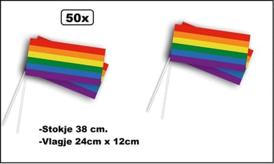 50x Zwaaivlaggetje Regenboog - stokje 38cm - vlag 24cm x 12cm - Festival thema feest verjaardag party pride