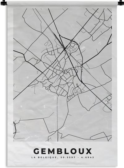 Wandkleed - Wanddoek - Zwart Wit – België – Plattegrond – Stadskaart – Kaart – Gembloux - 120x180 cm - Wandtapijt