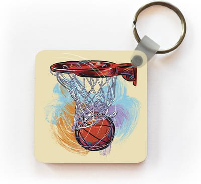 Sleutelhanger - Uitdeelcadeautjes - Een illustratie van een basketbal die op volle snelheid doel treft - Plastic