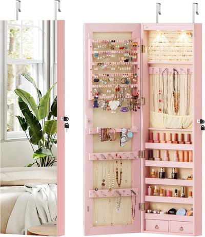 COSTWAY Sieradenkast met ledverlichting, sieradenrek met spiegel, spiegelkast hangend afsluitbaar met sleutels, sieradenopslag 120 x 35,5 x 10 cm (roze)