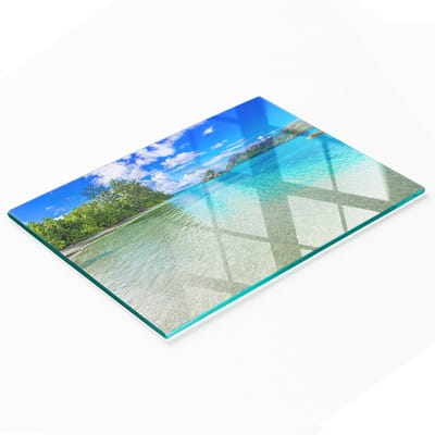 Decoratieve glazen snij- en serveerplank met strandmotief van de Seychellen, 80x52 cm