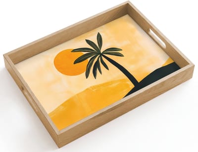 Dienblad hout 40x30 cm - Schootdienblad - Illustratie - Palmboom - Zon - Heuvels - Borrelplank rechthoek - Plateau dienbladen