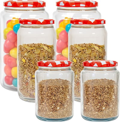 Hega Hogar Weckpotten/voorraadpotten set Classico - 6x stuks - 500/950/1500 ml - kunststof - rood - draaideksel