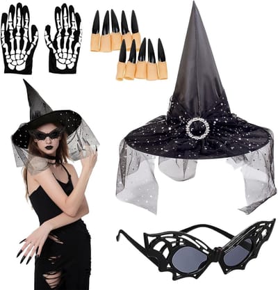 Complete set voor heksen kostuum met puntige hoed, glazen handschoenen, lange nagels en Halloween accessoires voor carnaval en cosplay