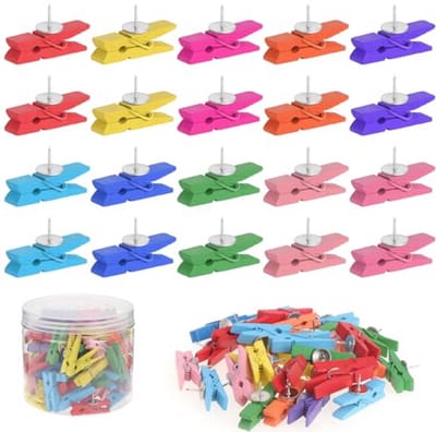 Push-Pinklips voor Muur en Kurk - 100 Stuks Duimtacks met Houten Klemmen