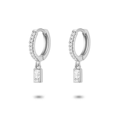 Twice As Nice Oorbellen in zilver, oorring, witte zirkonia, hangende witte baguette zirkonia
