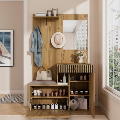 Kleedkamer set - met spiegel en kussen - gangkast - boekenkast - schoenenkast - 110x185,5x37 cm - houtkleur