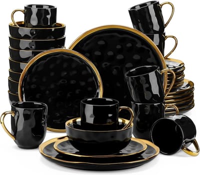 Serviesset - 8 Persoons Servies - Keramiek - Diner- en Dessertborden, Kommen en Kopjes - 32-delige Set - Zwart - Goud