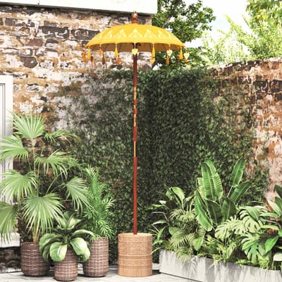 vidaXL - Parasol - met - Basis - Geel - en - Bruin - 250 - cm - Katoen - en - Hout