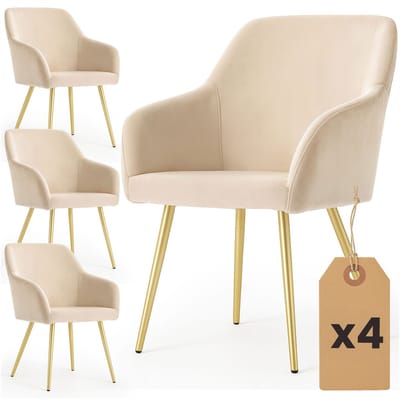 Set van 4 Eetkamerstoelen ESTELLE met Armleuningen / Gestoffeerde Stoelen / Fluwelen Stoelen en Metalen Poten / Beige met gouden benen