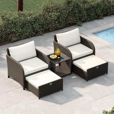 5-Delige Loungeset / Balkonset - Polyrattan Tuinset met 2 Stoelen, 2 Voetenbanken & Tafel - Ruimtebesparend - Beige