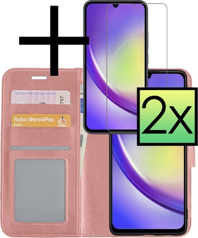 Hoesje - Met 2x Screenprotector - Geschikt voor Samsung Galaxy A34 - Luxe Pasjeshouder - Bookcase Portemonee - Flip Case - Kunstleer Book Case - Flipcase Hoes - Book Cover - Walletcase - Portemonneehoes - Rosé goud