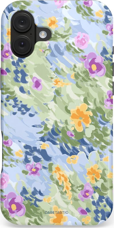 Casetastic hoesje geschikt voor Apple iPhone 16 Plus - MagSafe - Dubbellaagse bescherming - Zonnige Bloemtuin - Fashion Case - Lichtgrijs Zand Saliegroen Lila