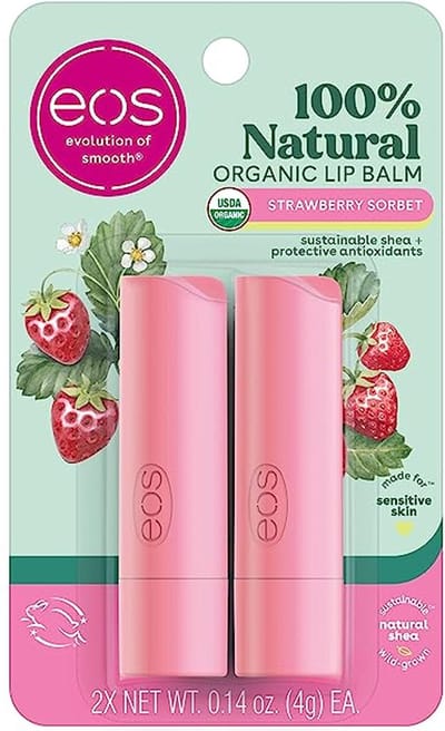 EOS, organic 100% natural shea butter lip balm, strawberry sorbet, 2 packs, 4g (0.14oz) per pack