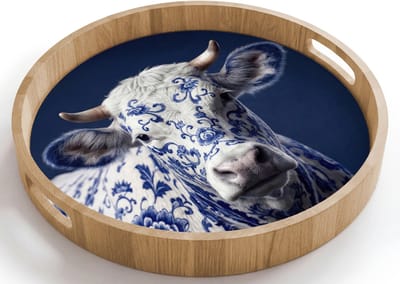 Dienblad rond 40x40 cm - Schootdienblad hout - Koe - Delfts - Blauw - Artistiek - Borrelplank rechthoek - Plateau houten dienbladen