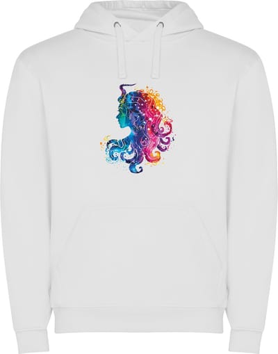 Witte unisex hoodie met “ Kleurrijke Sterrenbeeld Maagd – Astrologie – Horoscoop – Zodiac Signs “ Print Full Color Color merk Roly maat S
