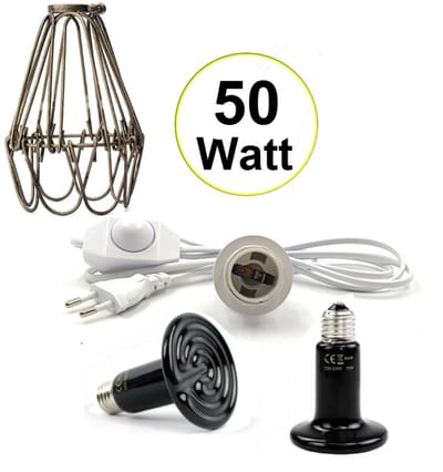 UniEgg® Keramische Lampenhouder met dimmer en beschermkap | 100cm snoer inclusief 50 watt XL keramische warmtelamp | Geschikt voor Keramische en infrarood Warmtelampen (E27) Kuikens, Reptielen, Amfibieën en andere diersoorten.