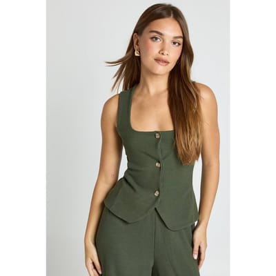 boohoo Dames Top met geribbelde textuur, scoopnek en doorlopende knopen | Khaki | Maat: 6