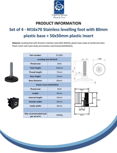 Roestvrijstalen stelpoot M16x70, 80 mm kunststof voet + inzetstuk 50x50x2 mm - Set van 4