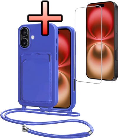 Hoes Geschikt voor iPhone 16 Plus Hoesje Pasjeshouder Cover Met Koord Case Siliconen Hoes Met Telefoonkoord en Kaarthouder Met Screenprotector - Felblauw