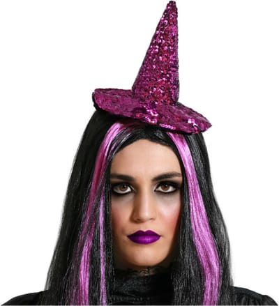 Halloween heksenhoed - mini hoedje op diadeem - one size - paars glitter - meisjes/dames