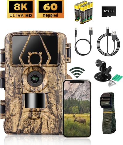 Complete Set Wildcamera voor Buiten met Nachtzicht - 8K Ultra HD & 60MP - Incl. 128GB SD, Batterijen, Bevestigingsvoetje & Wifi-app