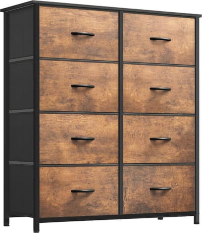 Ladekast met 8 laden - Stoffen dressoir met handgrepen - Metaal frame - Rustiek bruin - Opbergladen voor slaapkamer en woonkamer