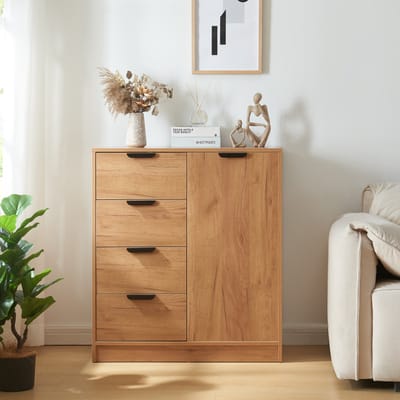 Commode Varkaus ladekast mdf met 4 lades 1 deur 90x80x40 cm eikenkleurig [en.casa]