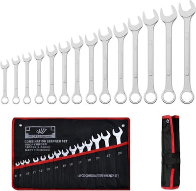 14-Piece Flat Ratchet Wrench Set - 8-24 mm Mixed Socket Spanner Set - Chrome Vanadium Steel - Roll-Up Bag Included