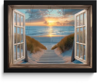 Poster in lijst - Fotolijst 40x30 cm - Posters - Doorkijk - Strand - Pad - Zonsondergang - Posterlijst zwart - Decoratie - Wanddecoratie woonkamer - Muurdecoratie slaapkamer