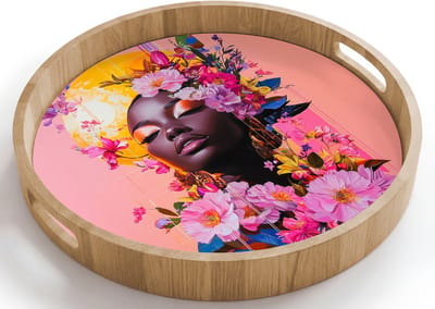 Dienblad rond 40x40 cm - Schootdienblad hout - Kleurrijk - Bloemen - Vrouw - Zon - Borrelplank rechthoek - Plateau houten dienbladen