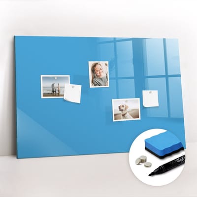 Tulup Whitebord - Kleur Blauw Magneetbord - 90 cm x 60 cm - Memo Magneetbord - Scandinavisch Design Bord - Memobord Glas - Notitiebord Werkplek - Gratis 5 Sterke Magneten + Whiteboard Marker & Wisser - Magneetbord Foto - Memobord Magnetisch