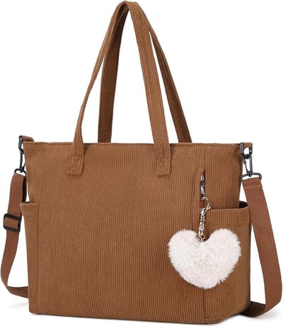 Famanu - Cord Tote Bag tas dames schoudertas grote shopper tas handtas schoudertas voor werk kantoor reizen winkelen school, Kleur: Bruin