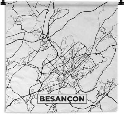 Wandkleed - Wanddoek - Stadskaart - Besançon - Plattegrond - Kaart - Frankrijk - Zwart wit - 180x180 cm - Wandtapijt