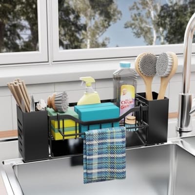 PromoHome Keuken Gootsteen Organizer met Opbergvak en Handdoekhouder - Zwart