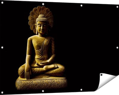 Gards Tuinposter Gouden Boeddha Beeld in Meditatie - 120x80 cm - Tuindoek - Tuindecoratie - Wanddecoratie buiten - Tuinschilderij