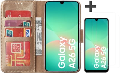 Hoesje met 2 Stuks Screenprotectors Geschikt voor Samsung Galaxy A26 – Arara bookcase met pasjeshouder - Goud