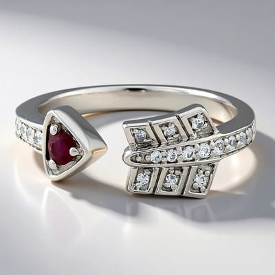 Cavill - 925 Sterling Zilveren Ring - Madagaskar Robijn 0.11 ct & 14 Witte Saffieren - Modern Blad-Pijl Design
