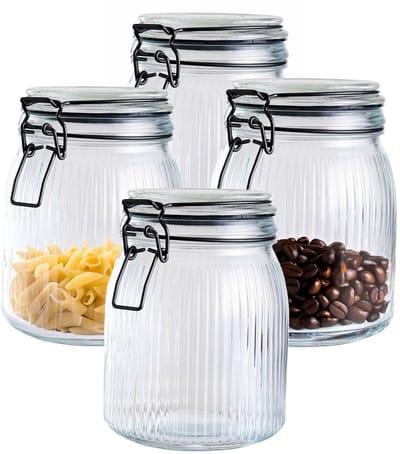 Alpina Voorraad/weck pot - 4x - transparant - geribbeld glas - 17 x 13 cm - 1,4 L