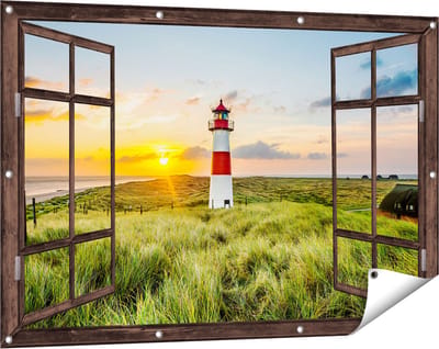 Gards Tuinposter Doorkijk Vuurtoren met Zonsopgang op een Eiland - 120x80 cm - Tuindoek - Tuindecoratie - Wanddecoratie buiten - Tuinschilderij