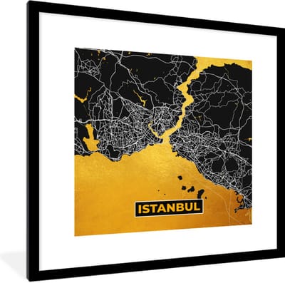 Fotolijst incl. Poster - Istanboel - Goud - Stadskaart - Plattegrond - Kaart - 40x40 cm - Posterlijst