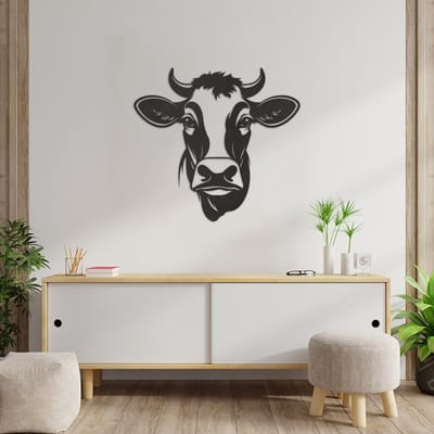 Wanddecoratie Koe - Muurdecoratie Koe - Muurdecoratie Hout - Wanddecoratie Hout - Muurdecoratie Woonkamer - Wanddecoratie Woonkamer - Wanddecoratie Industrieel - Wanddecoratie Dieren - Home Decor - Wall Line Art - 64 x 59 cm