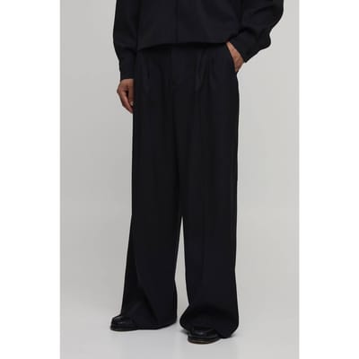 Visgraat Wijde Pijpen Pantalon Met Plooien En Gesneden Pasvorm | Black | Size 30