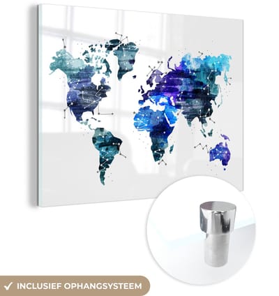 ® Glasschilderij 160x120 cm - Schilderij acrylglas - Wereldkaart - Sterren - Blauw - Foto op glas - Muurdecoratie woonkamer - Wanddecoratie slaapkamer - Schilderijen
